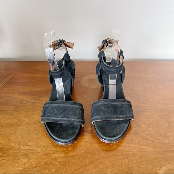 Billy Reid • black suede block heel sandals ankle strap leather stacked buckle - Picture 2 of 8